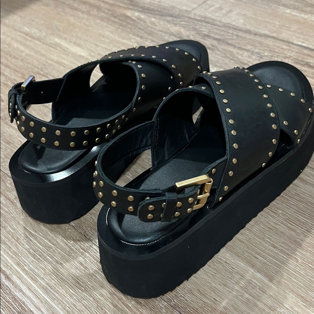 Anthropologie Maeve Black Gold Studded Platform Sandals - Picture 4 of 5